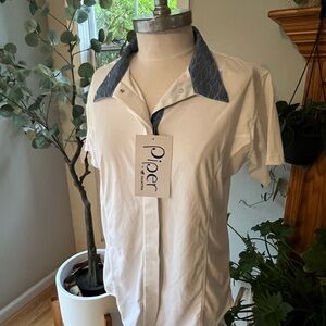 Piper by Smartpak WomensWhite Shirt with Patterned Blue Collar